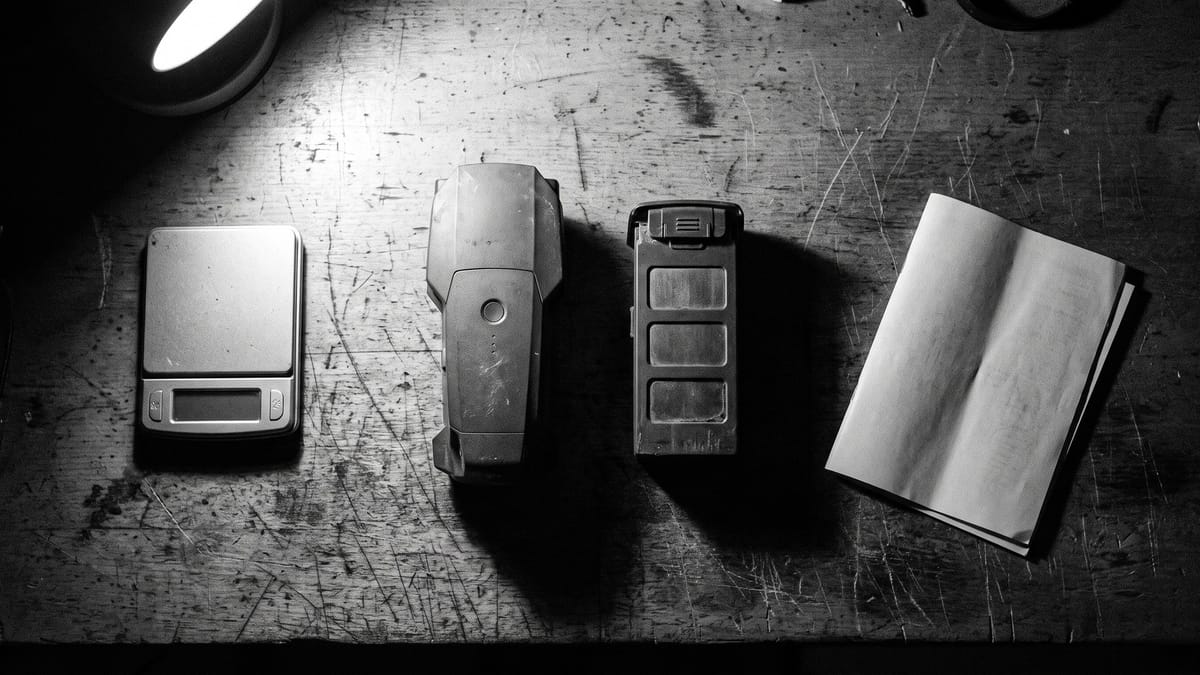 Due batterie per drone di spessore diverso appoggiate su un banco di lavoro accanto a una bilancia digitale, bianco e nero